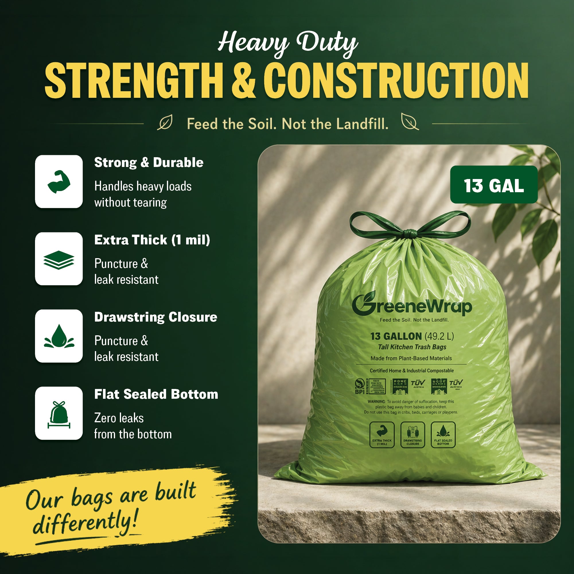 13 Gallon Compostable Trash Bags with Drawstring, 30 Count