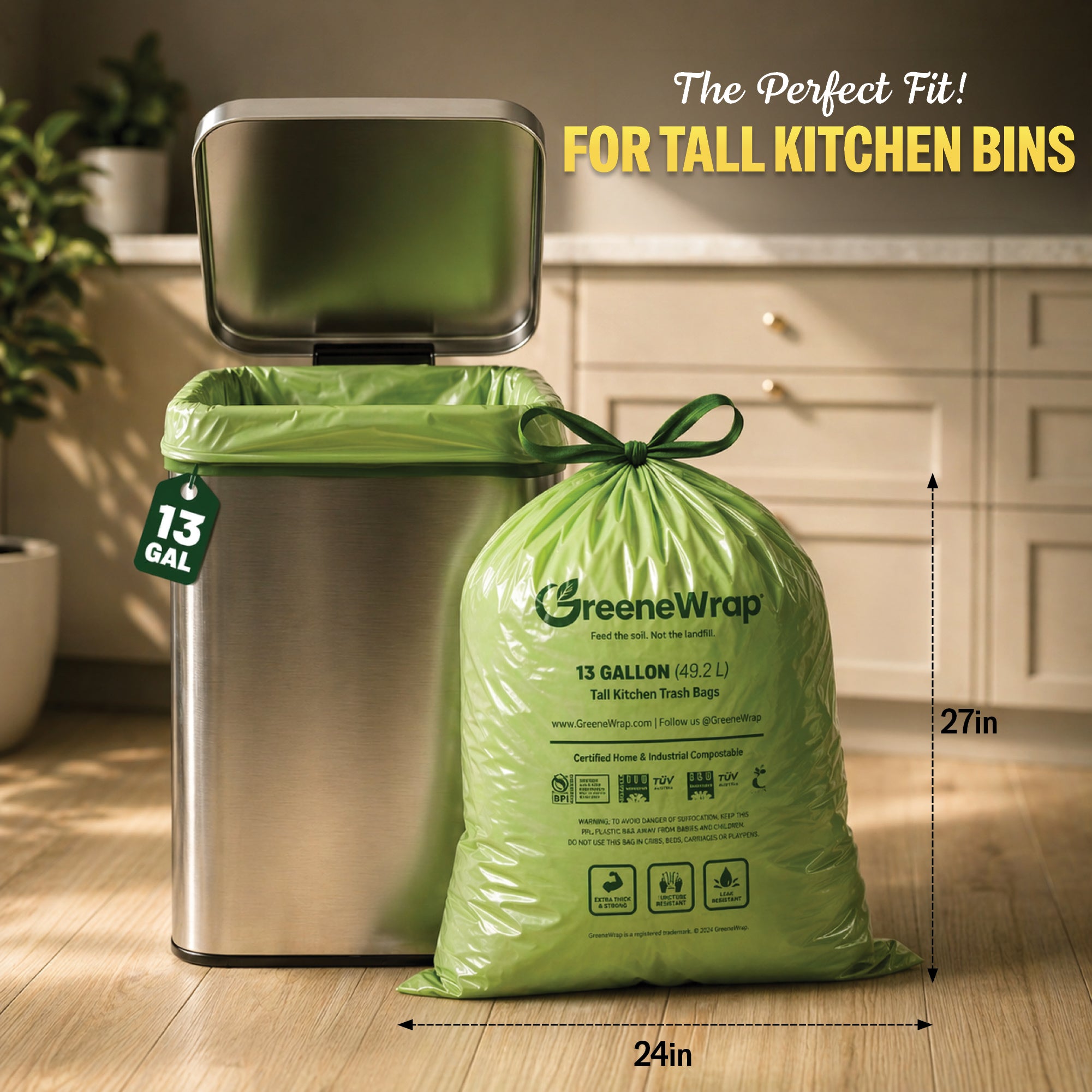 13 Gallon Compostable Trash Bags with Drawstring, 30 Count