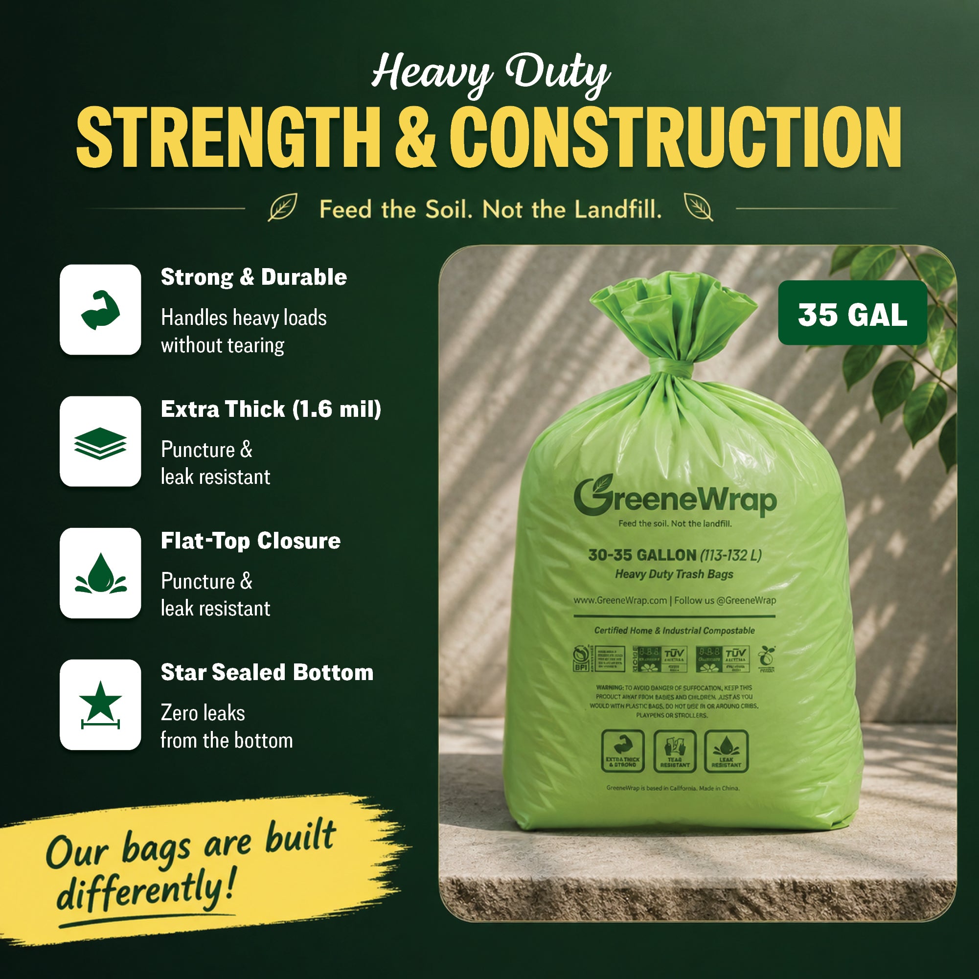 30-35 Gallon Compostable Trash Bags, Heavy Duty 1.6 Mil, 20 Count