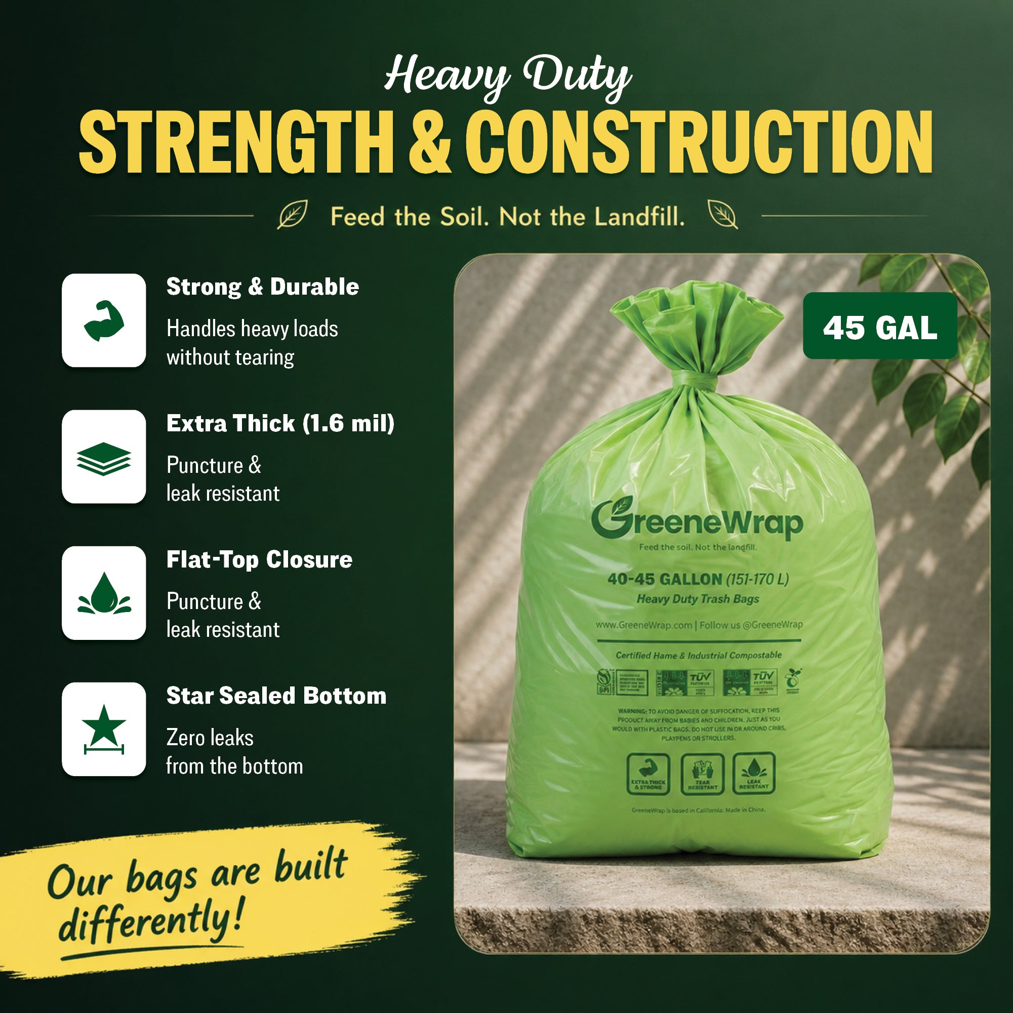 40-45 Gallon Compostable Trash Bags, Heavy Duty 1.6 Mil, 20 Count