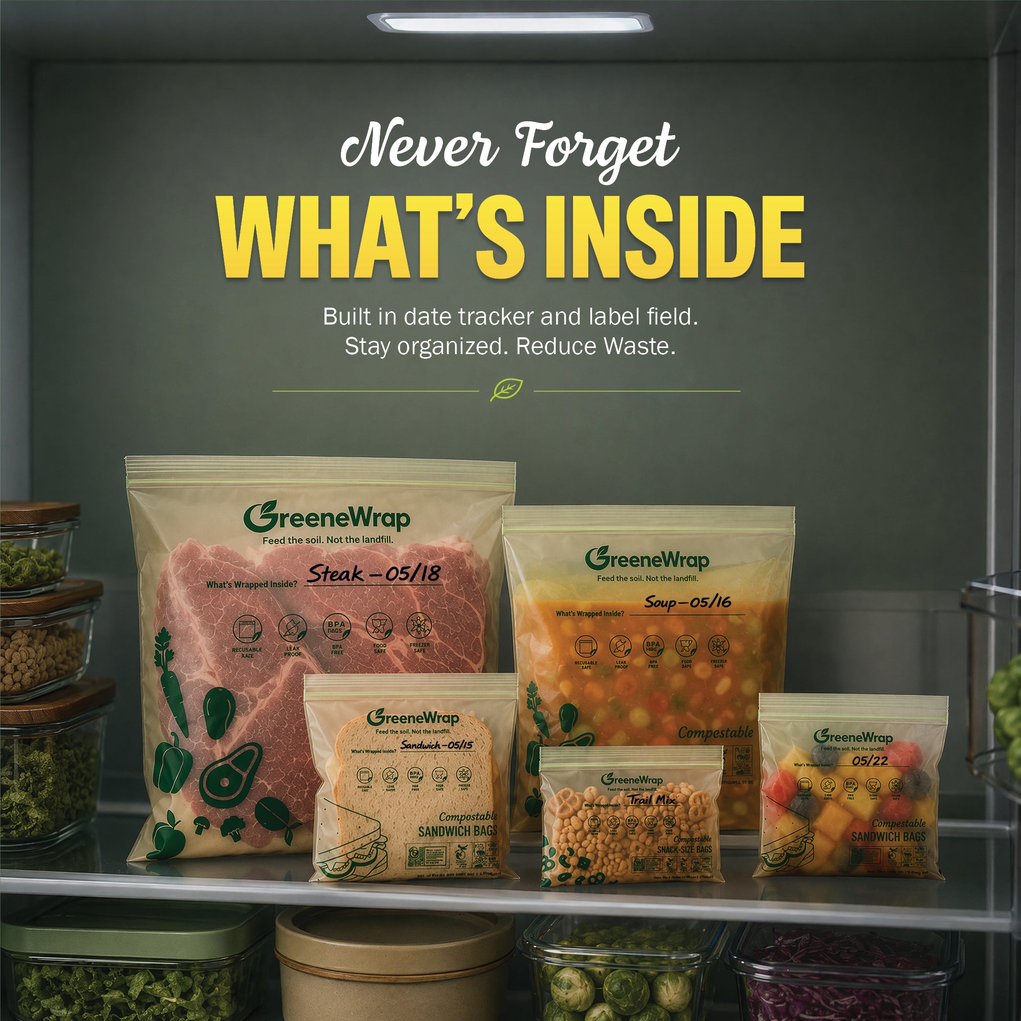 Compostable Food Storage Bags Variety Pack, Gallon Quart Sandwich Snack, 125 Bags