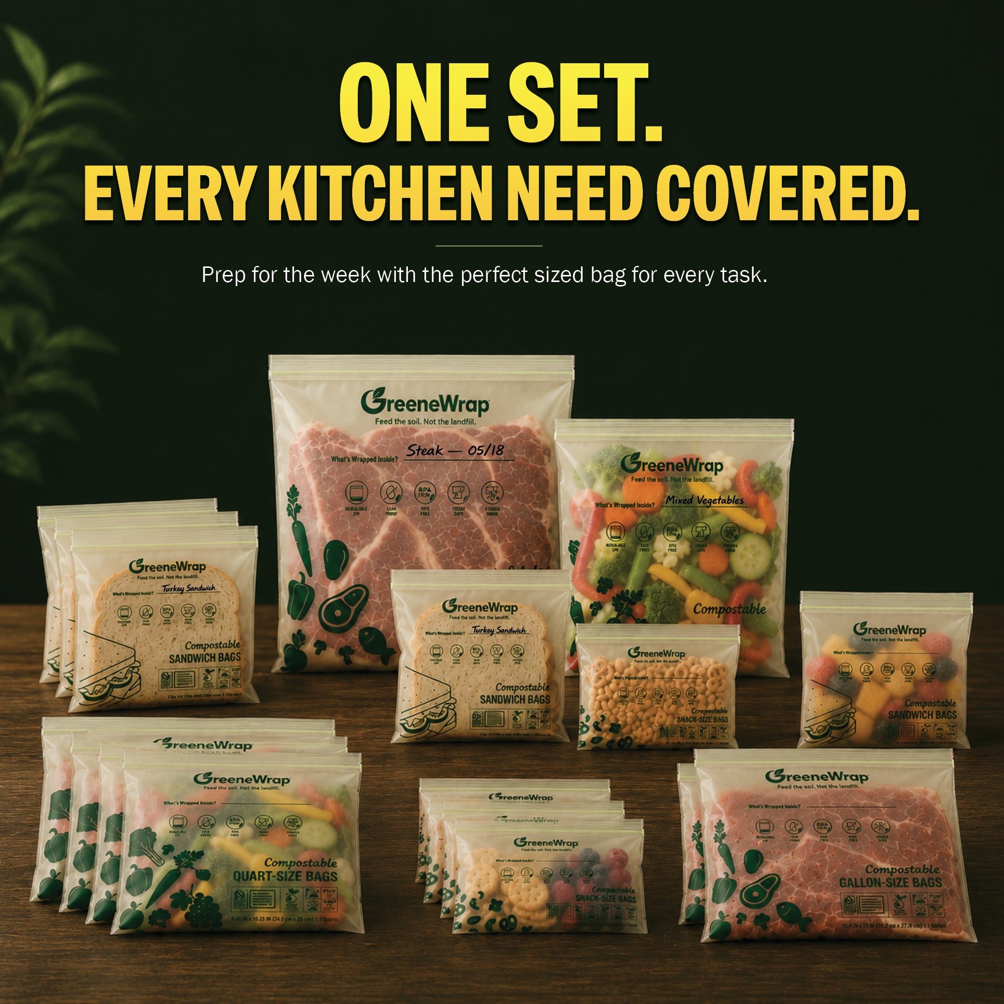 Compostable Food Storage Bags Variety Pack, Gallon Quart Sandwich Snack, 125 Bags