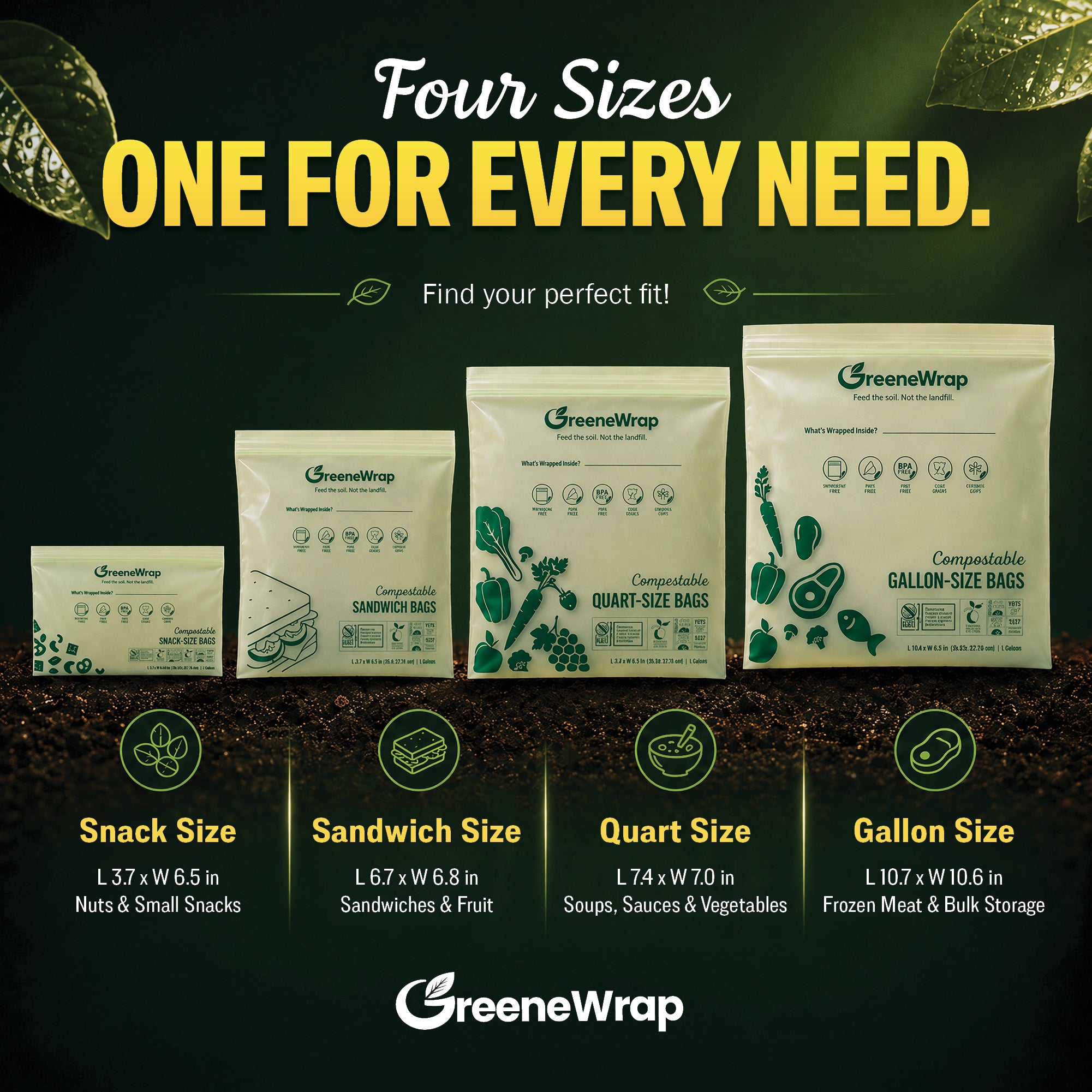 Compostable Food Storage Bags Variety Pack, Gallon Quart Sandwich Snack, 125 Bags