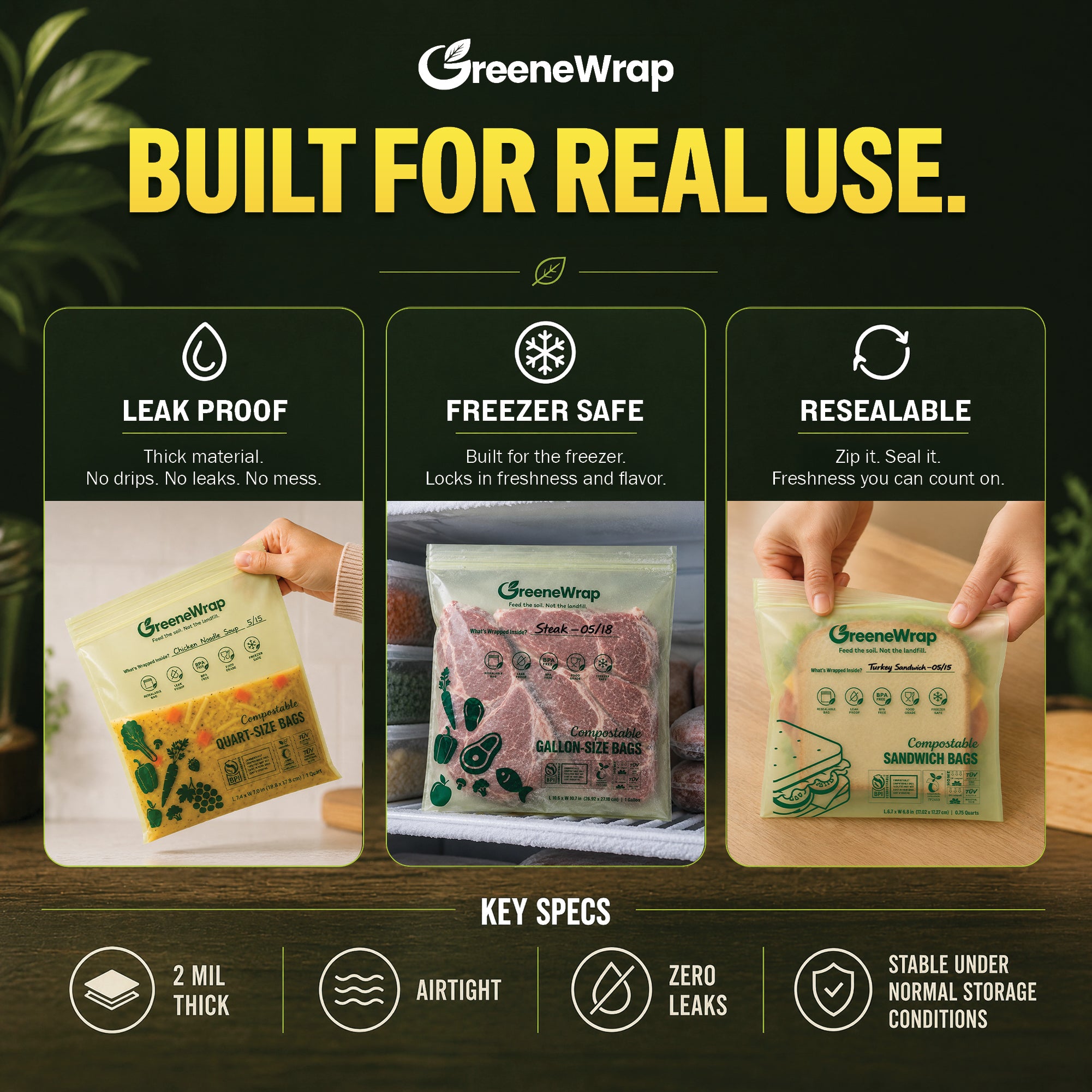 Compostable Food Storage Bags Variety Pack, Gallon Quart Sandwich Snack, 125 Bags